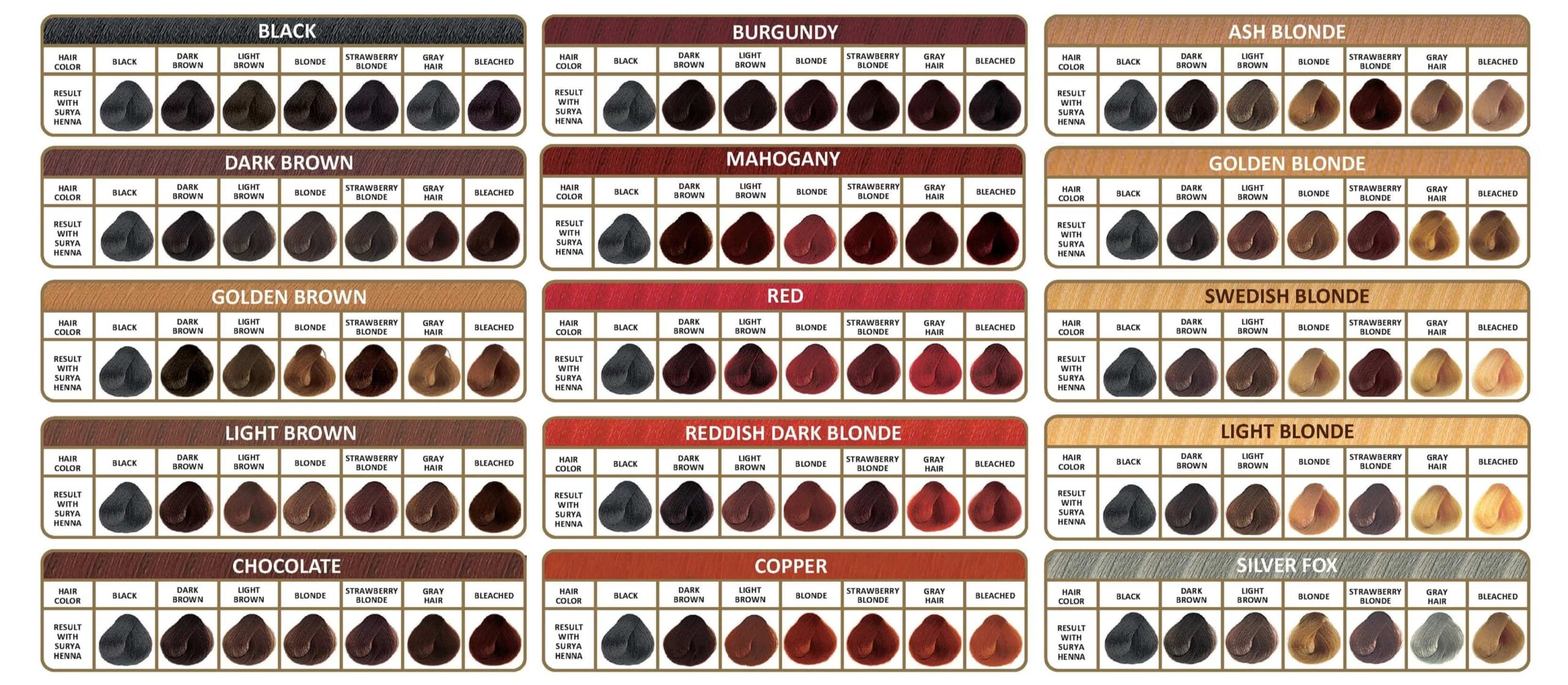 surya henna hair dye color chart​